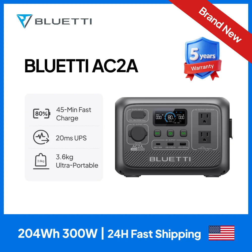 【US PLUG】BLUETTI AC2A Portable Power Station | 300W 204Wh, Recharge from 0-80% in 45 Min., Solar Generator for Outdoor Camping