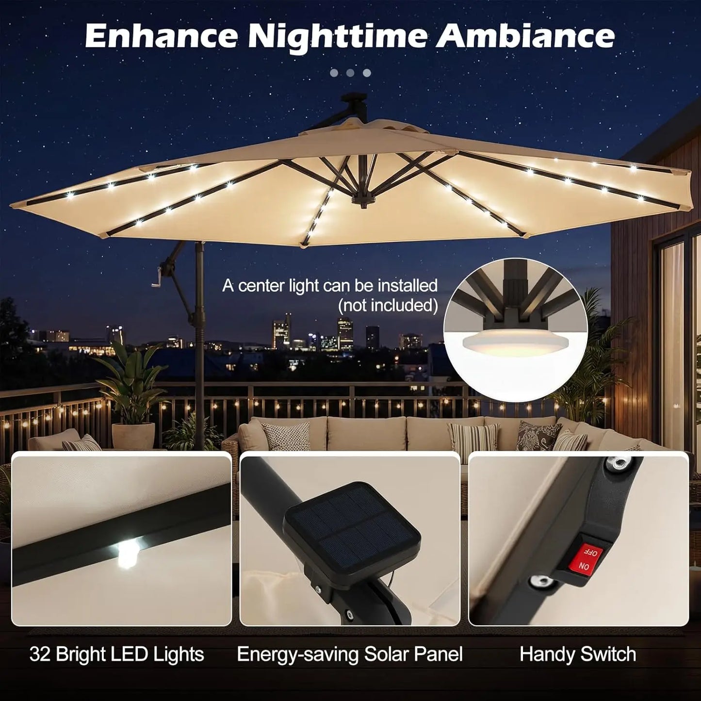 10ft Solar Patio Umbrella with Base Included, Offset Cantilever Outdoor Umbrella with 32 LED Lights, Infinite Tilt,  Customized