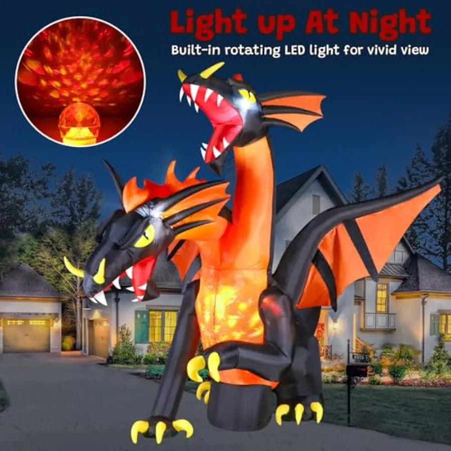 Halloween outdoor decoration: inflatable double-headed dragon, PVC material, green and red, weather-resistant with built-in bri