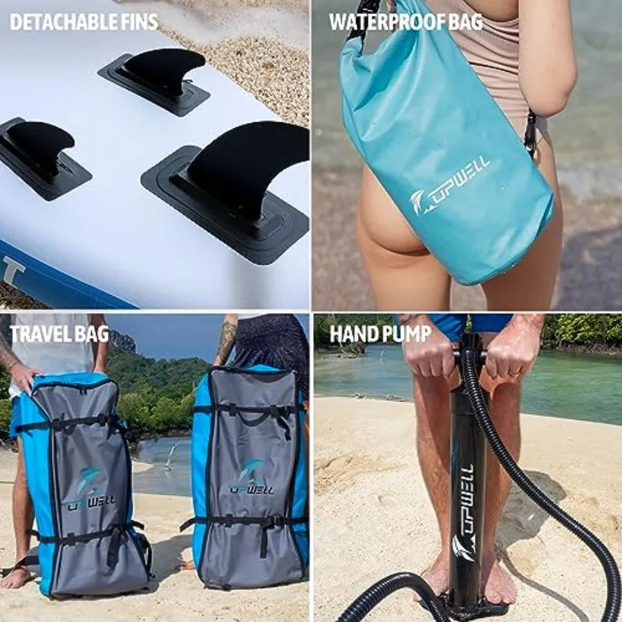 Inflatable Stand Up Paddle Board for outdoor water sports, durable PVC material, blue color, includes backpack, repair kit, non