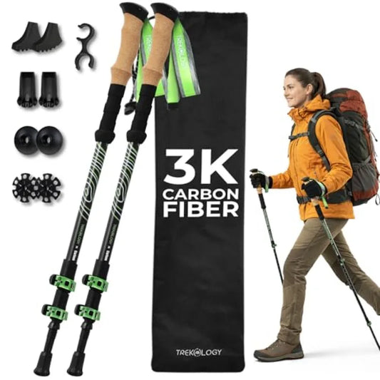 3K Carbon Fiber Trekking Poles 210g - Pair of Ultralight Hiking Poles with Cork Grips, Collapsible Telescopic Walking Sticks, M