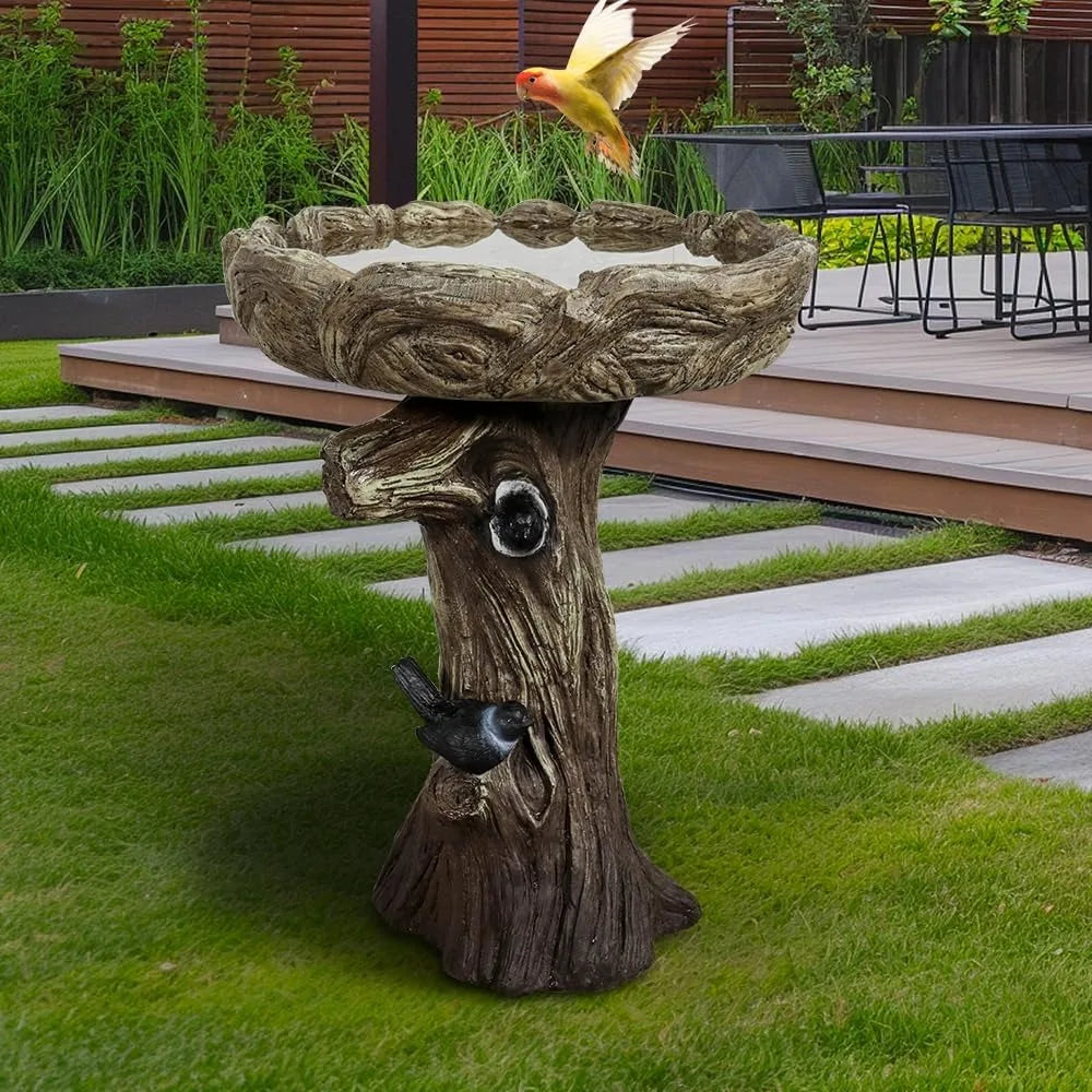 23” Tall Fibre Reinforced Concrete Birdbaths with Birds for Patio, Woodland Tree Trunk Decorative Outdoor Bird Bath