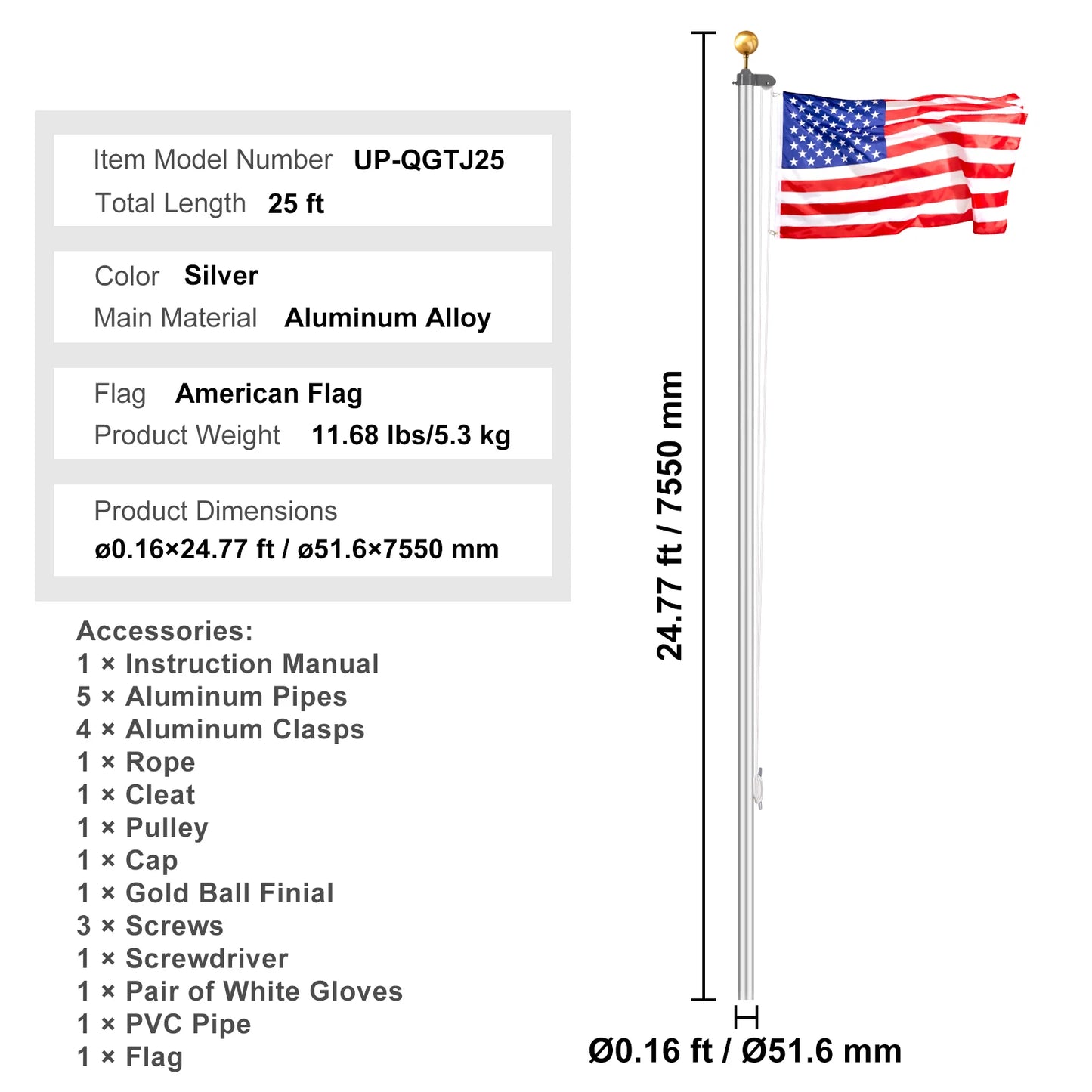 SucceBuy Sectional Flag pole Kit HeavyDuty AluminumAlloy in Ground 3 Display Modes Flagpole With American Flag Accessories