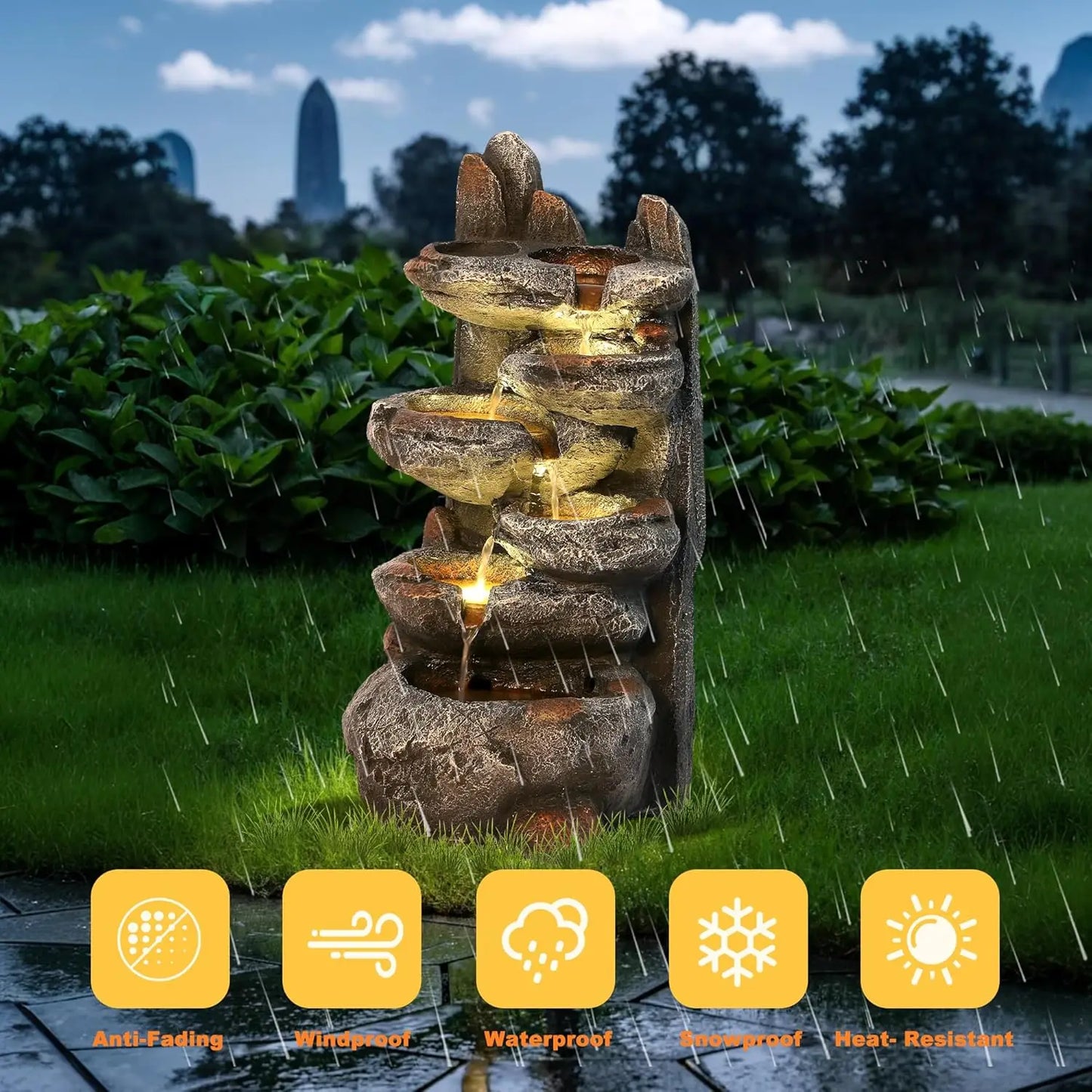 6-Tier Cascading Rock Water Fountain, 27" H Outdoor Freestanding Rockery Fountain with LED Light and Pump