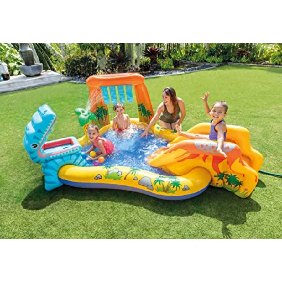 Inflatable Dinosaur Play Center Outdoor Playhouse Inflatable Water Park with Kid Pool Slide Water Sprayer Waterfall and 6 Balls