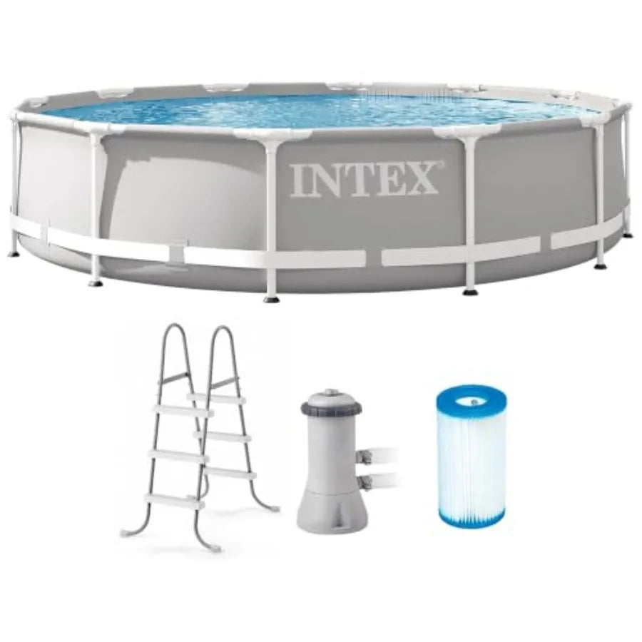 Backyard outdoor swimming pool set: steel frame, round 12 ft x 30 in, blue, includes 530 GPH filter pump and ladder