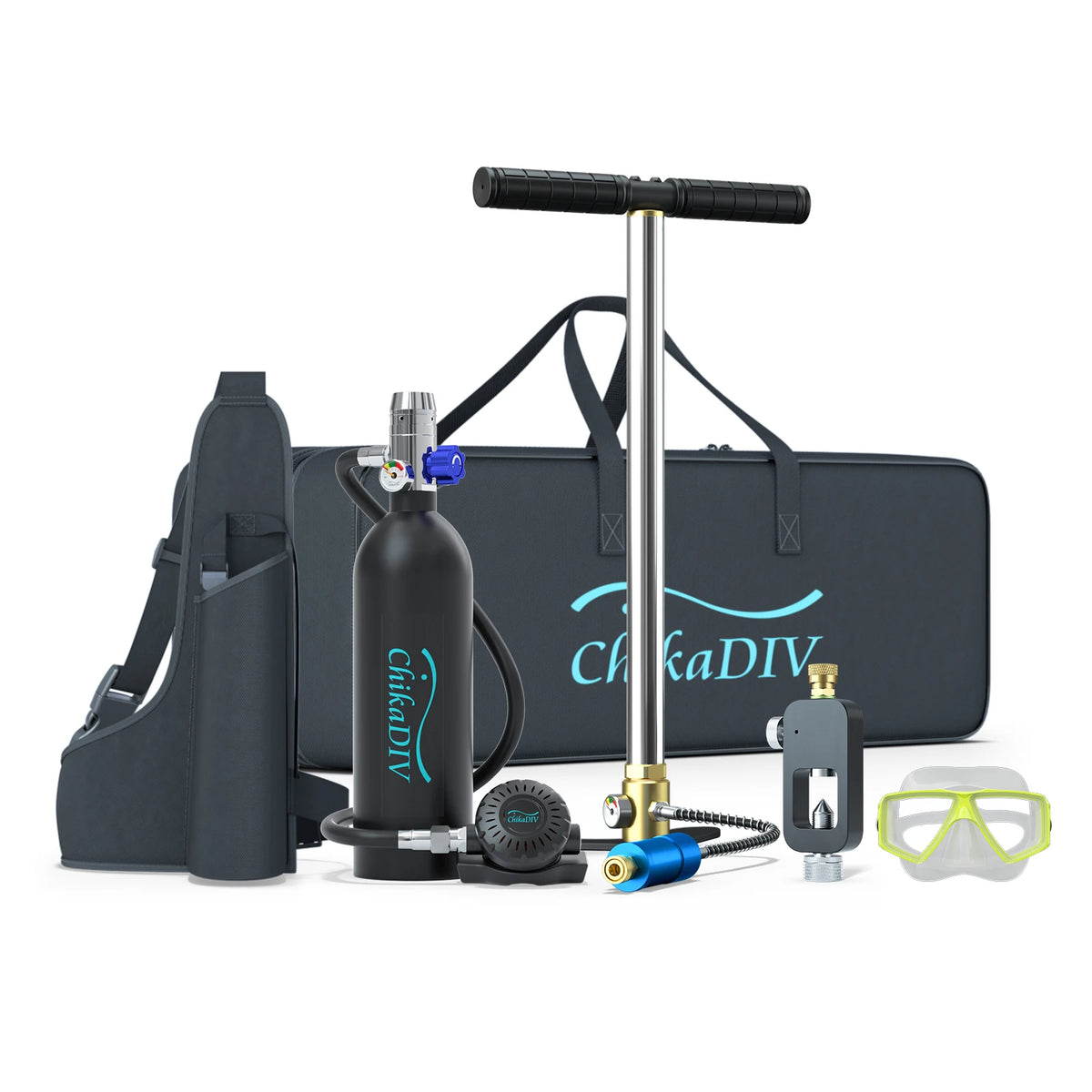 ChikaDIVE Portable Mini Scuba Diving Tank Set 1L Underwater Breathing Air Cylinder Dive Equipment with Manual Pump Diving Mask Storage Backpack for Snorkeling Underwater Diving Adventure Sport