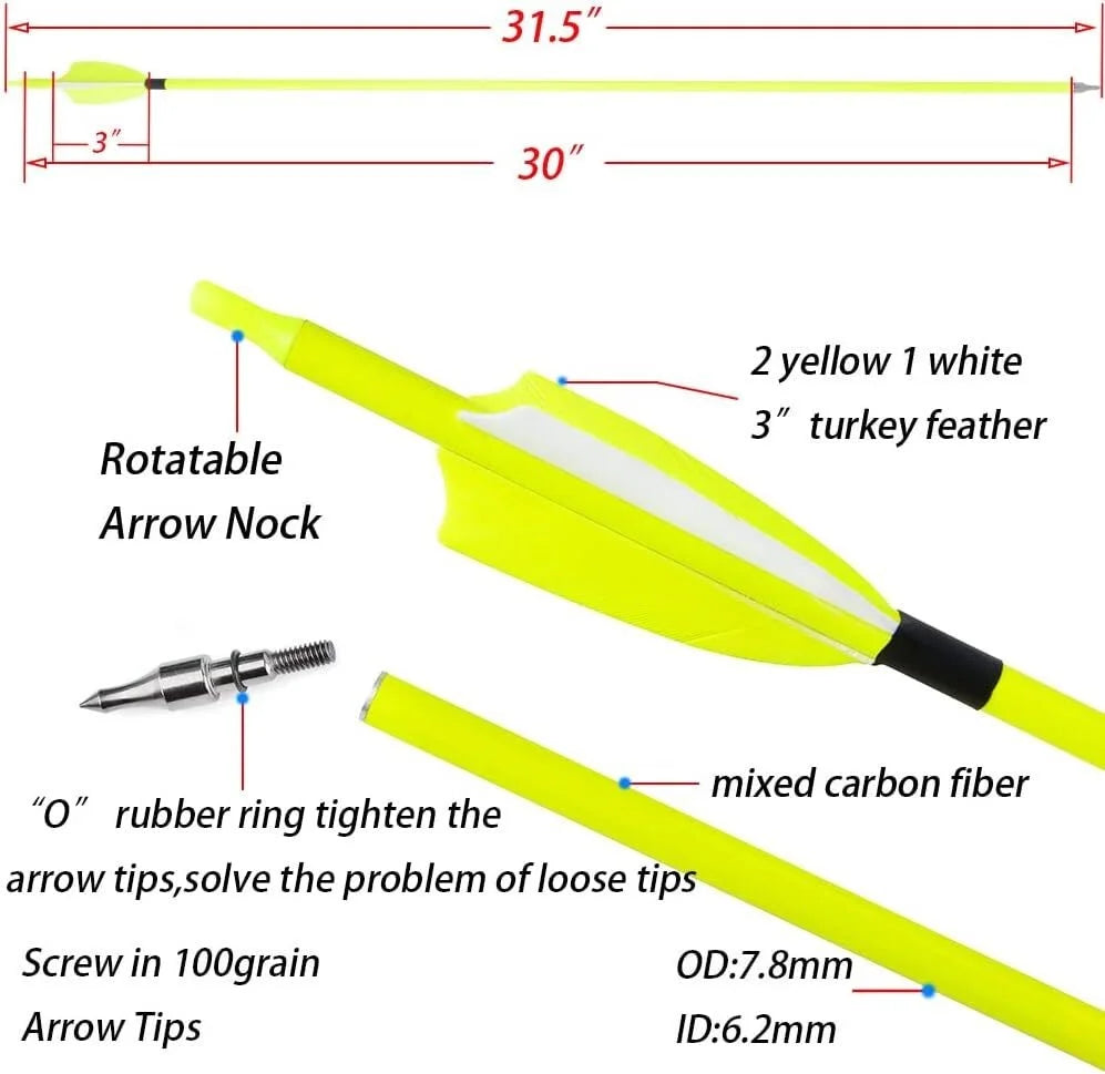31.5" Archery Mixed Carbon Arrow SP500 3inch Turkey Feather Recurve Compound Bow Hunting Shooting Target Carbon Arrows,12pcs