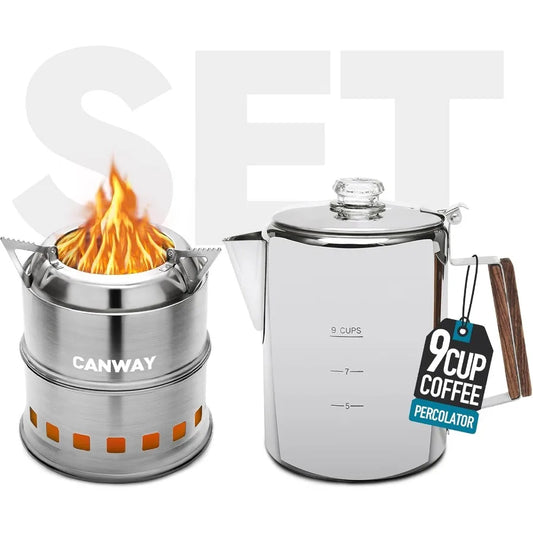 CANWAY Percolator Coffee Pot Portable Camping Stove Set for Backpacking Hiking Stainless Steel Mini Wood Burning Stove 9 CUP Ca