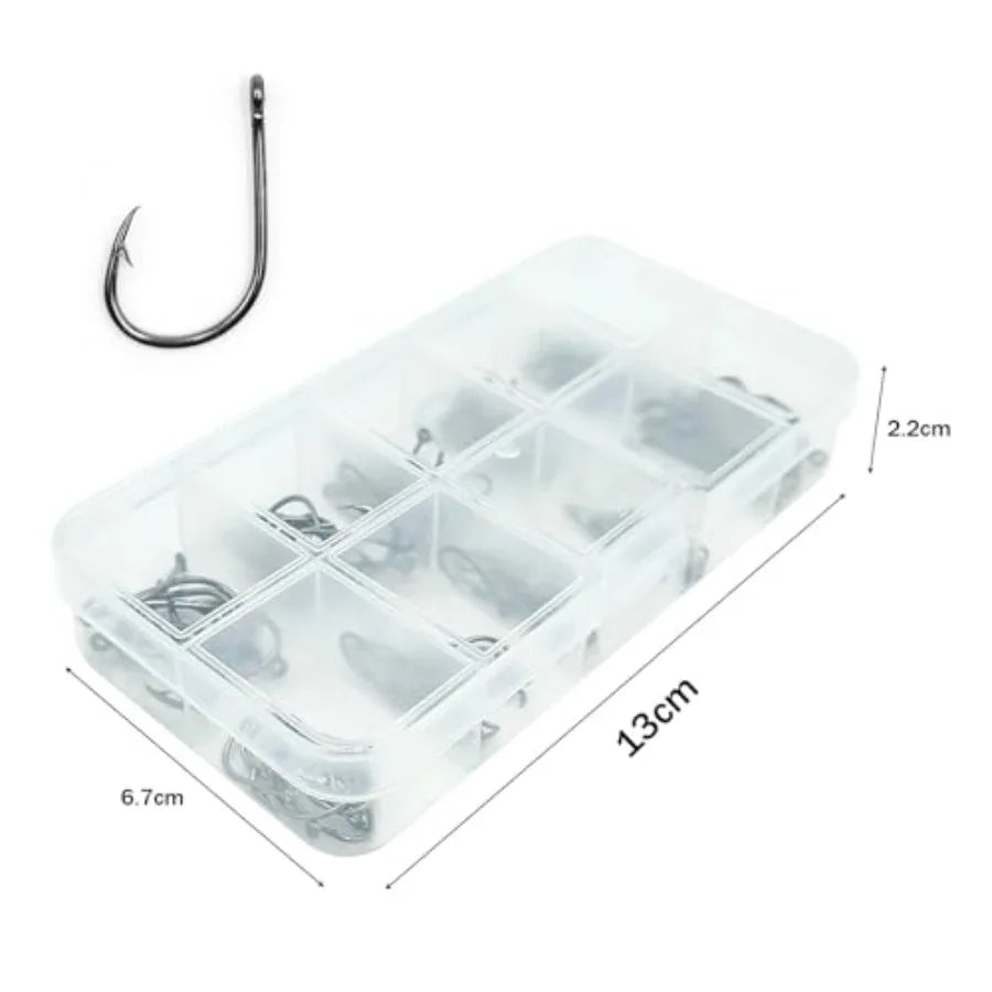 100 Pack Carbon Steel Fishing Hooks Extra Sharp Barbed Design for Freshwater Angling Multi-Species Tackle Kit Set 10