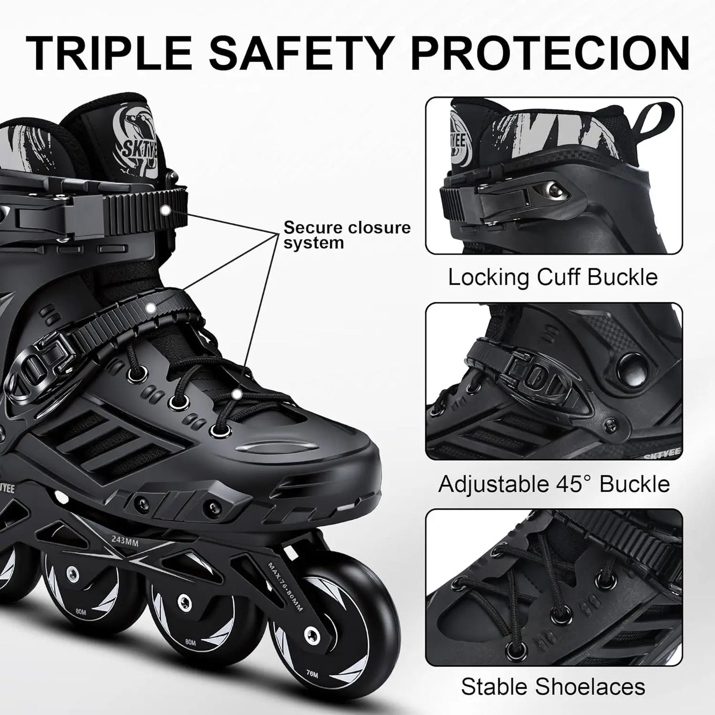 High-Performance Inline Skates for Adults, 85A PU Wheels, Washable Liner, Black - Ideal for Outdoor Fitness & Beginners