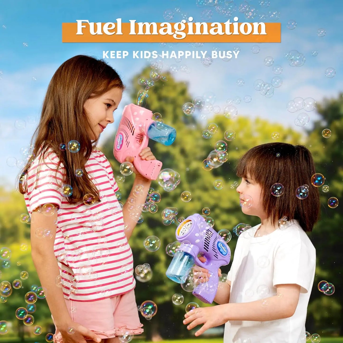 JOYFY 2 Bubble Guns with 2 Bottles Refill Solution Bubble Machine Gun for Kids Summer Party Outdoors Activity Birthday Gift