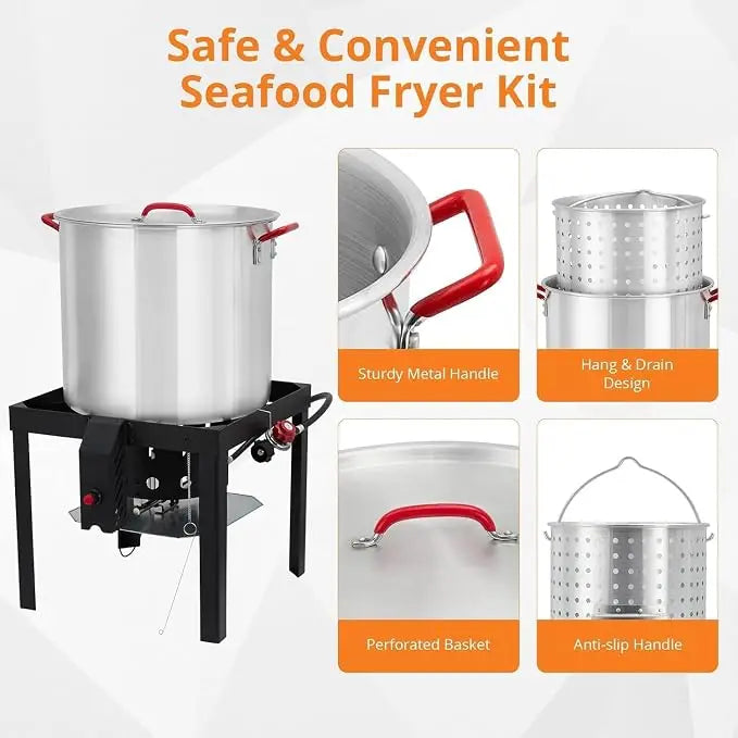 100 Qt Turkey Deep Fryer Pot, Aluminum Seafood Boil Pot with/Strainer & Burner Set Crawfish Boiler, 110000 BTU Propane Stove Burner with Stock Pot, Basket Lid, Outdoor Cooking Shrimp Crab Boiler