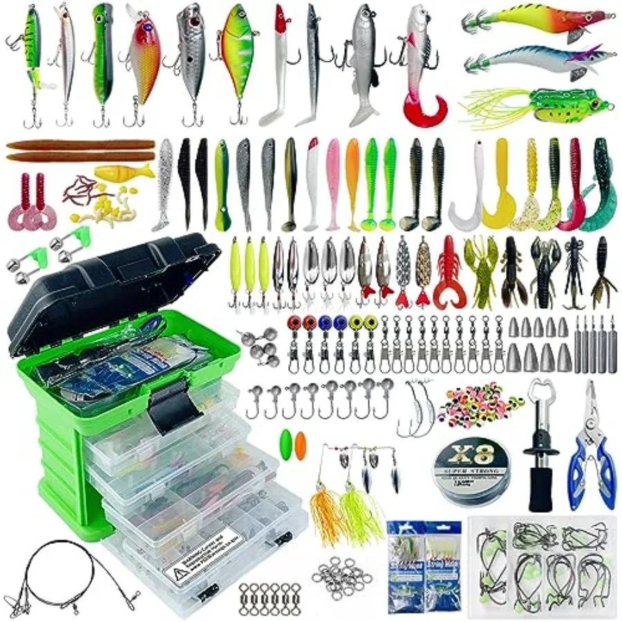 Fishing Lures Kit with Tackle Box Included Crankbait, Minnow, Spinnerbaits, Spoons, Soft Lures, Jigs, Hooks, Bait Rigs, Weights