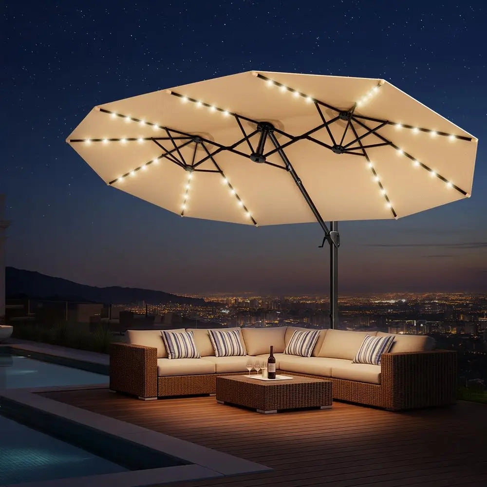 15FT Cantilever DoubleSided Umbrella with Solar Light and Base, Rectangle Oversized Offset Patio Umbrellas, Extra Large Outdoor