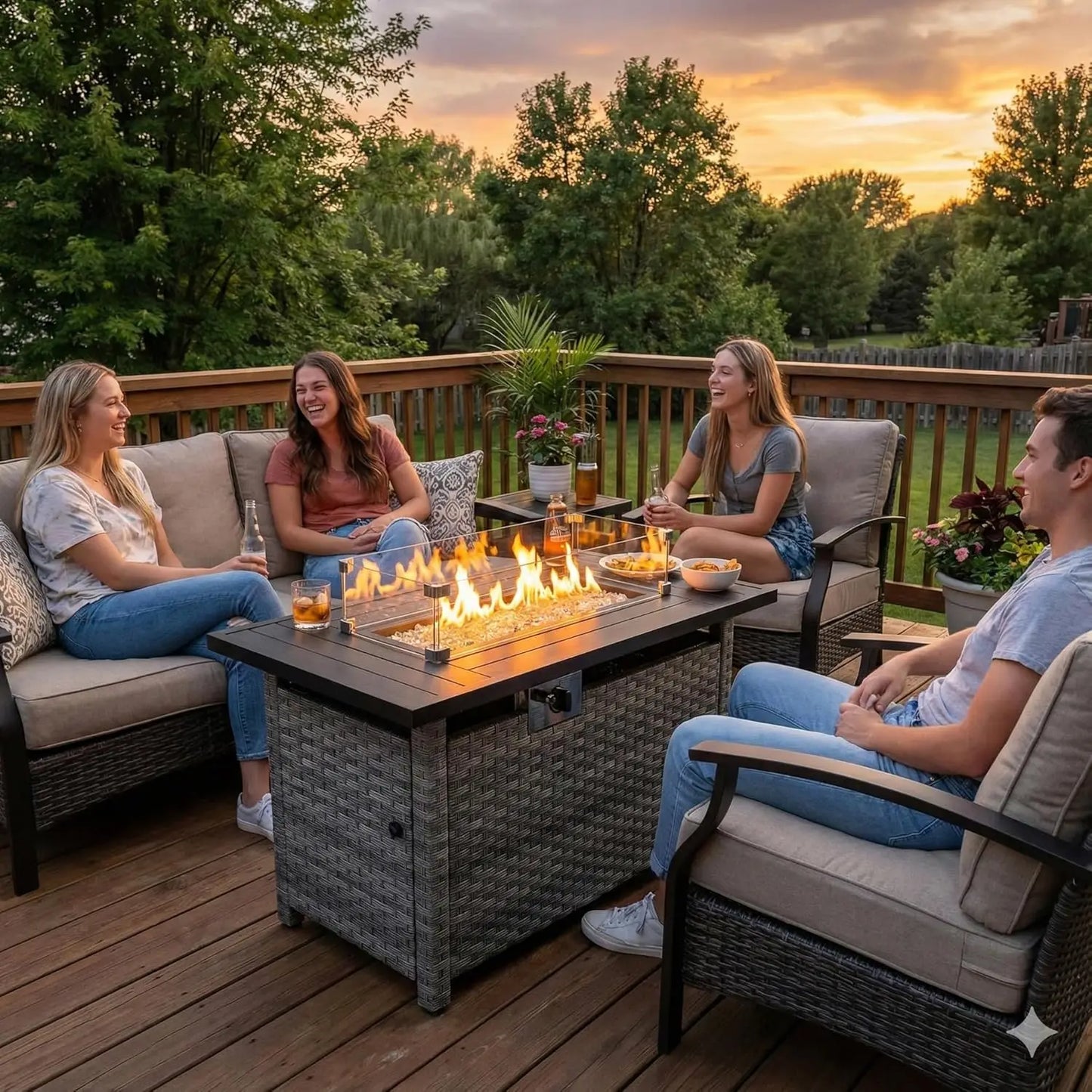 44" Fire Pit Table with Wind Guard, Auto-Ignition Propane Gas Firepits Rattan Rectangular Table for Outside Patio 60,000 BTU