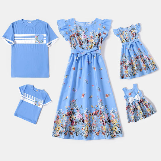 PatPat Family Matching Floral Print Ruffle-sleeve Belted Midi Dresses and Striped Short-sleeve T-shirts Sets