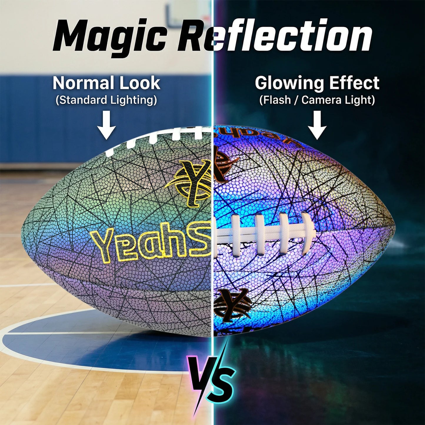 New Holographic Reflective Football Size 9-Glow in The Dark Premium American Football with Stunning Luminous Rugby Durable Grip