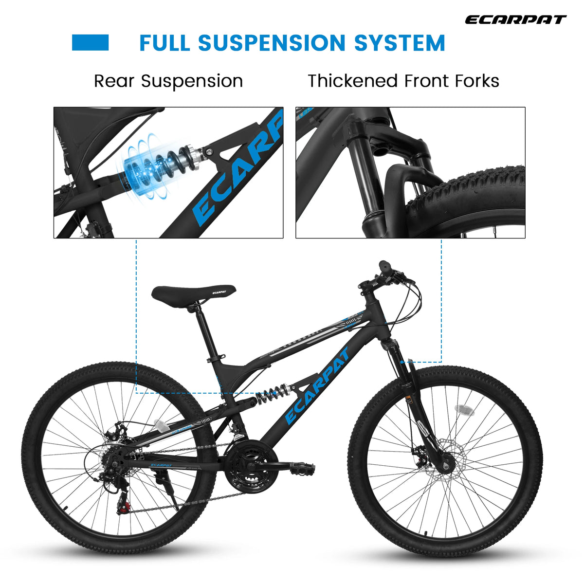 24/26 Inch Mountain Bike Full Suspension, 21 Speed Mountain Bicycle with Steel Frame and Double Disc Brakes, MTB Bike for Kids, Teenagers Adult Men Women