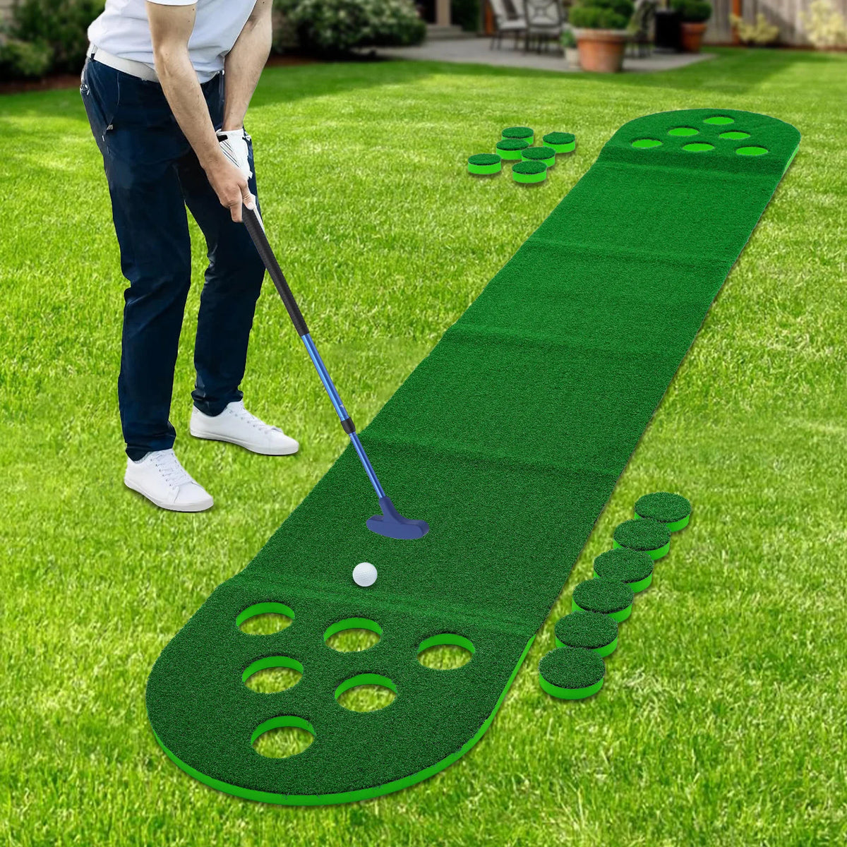 Miniature Golf Course - Green Base 118*19*1in Complete Set a Golf Course Mat, Two Golf Clubs and Two Golf Balls Different Difficulty Levels, Foldable Suitable for All Kinds of People Outdoor Play