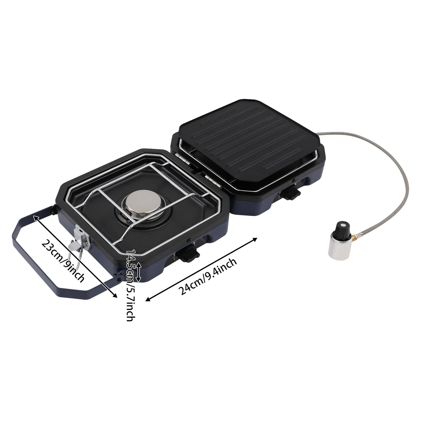 Camping Stove with Grill Pan, Non-stick Foldable Camp Stove Dark Blue, 2-Burners Portable Stove 2.3+2.3KW for Camping, BBQ