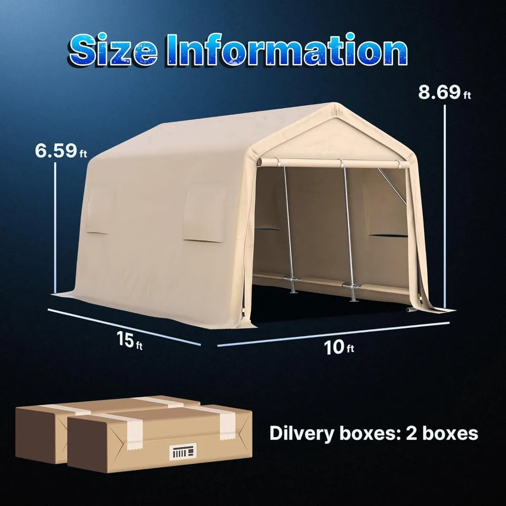 10x15 ft Shelter Storage Shed Steel Metal Peak Roof Portable Garage Carports for Motorcycle, Boat or Garden Tools, Customized