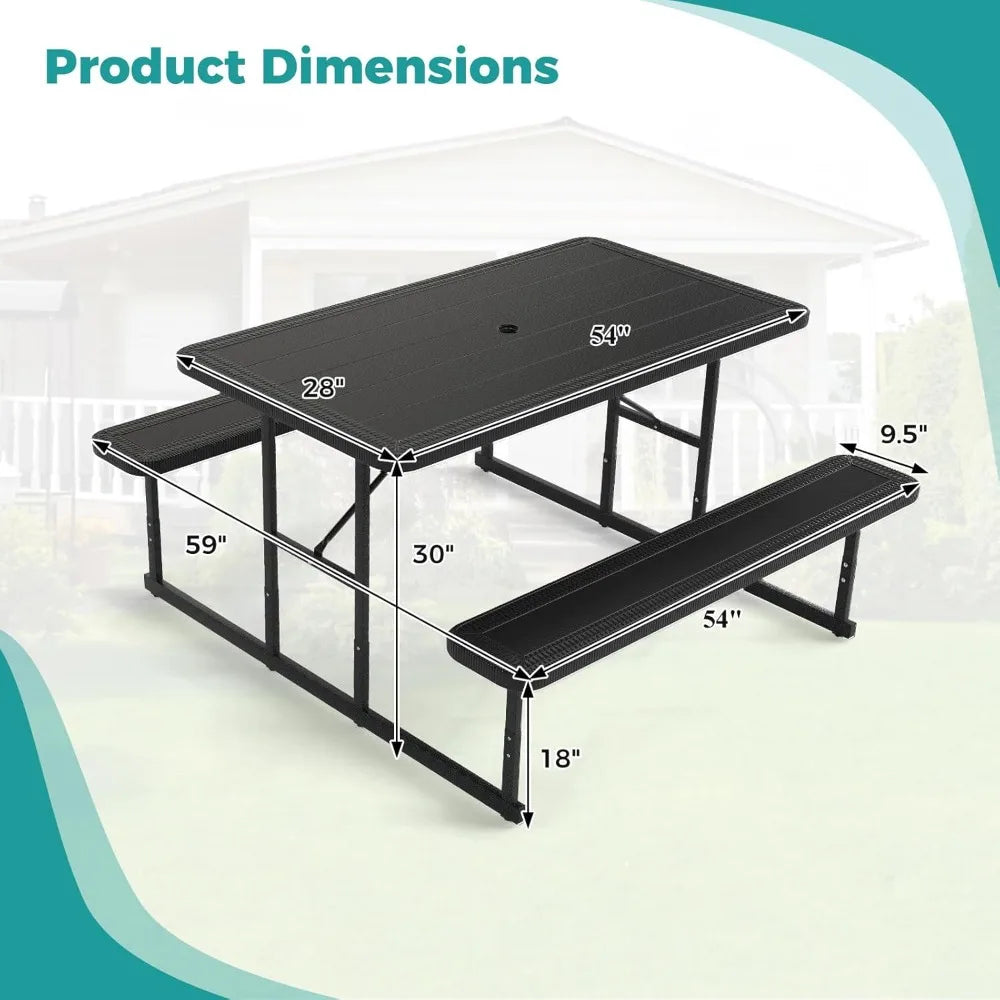 Picnic Table Bench Set for 4 People, 4.5FT Outdoor Rectangular Dining Table & 2 Benches w/Umbrella Hole, HDPE Tabletop