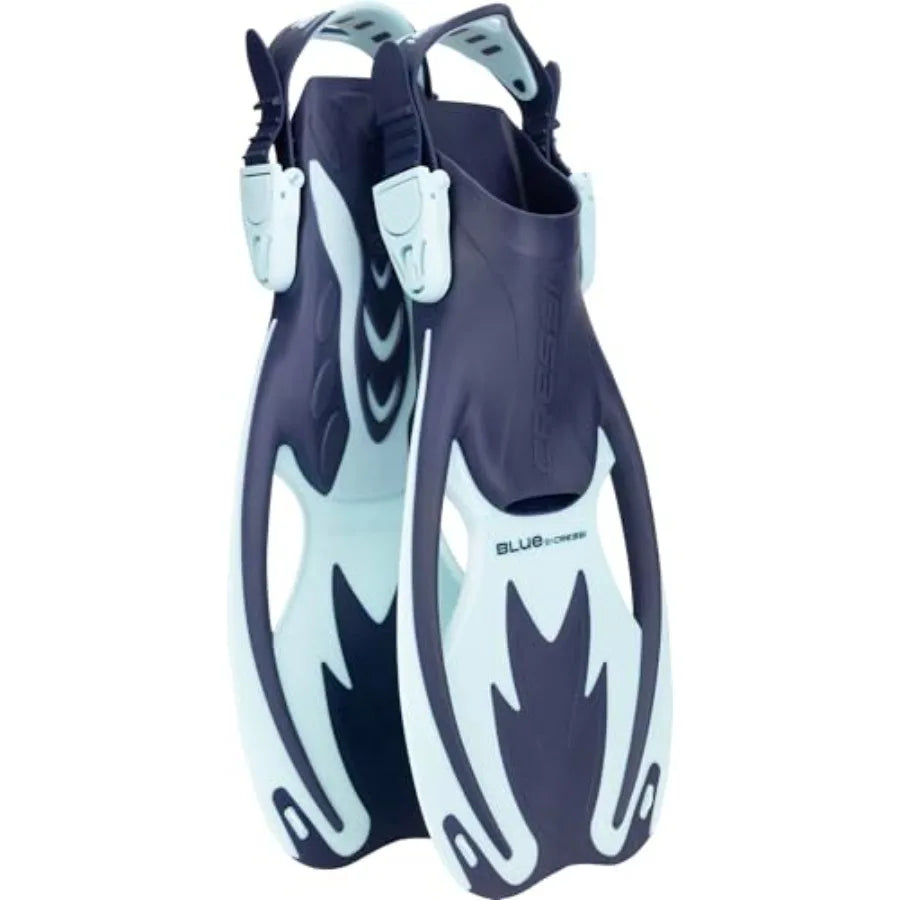 snorkeling set for beach and pool use: silicone mask dry snorkel short adjustable fins in bluelightweight leak-proof and comfor