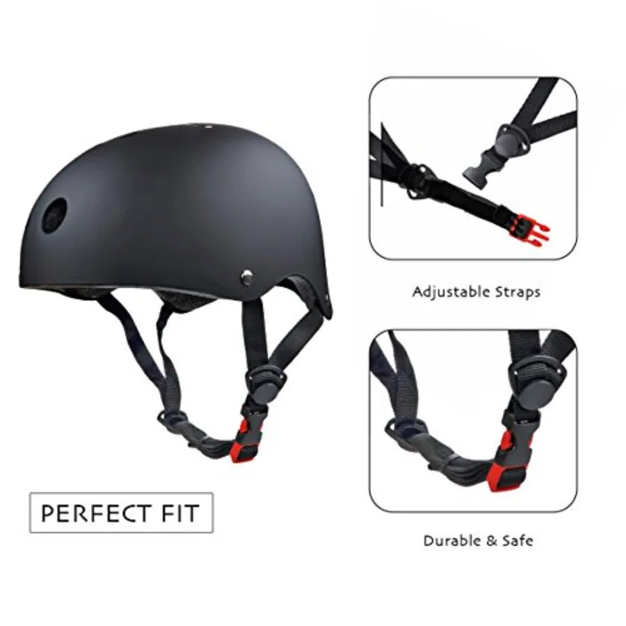 Skateboard Protection Pads Set with Helmet for Youths BMX Cycling Rollerblading Black 6pcs Elbow Knee Wrist Pads Head M 20.5-22