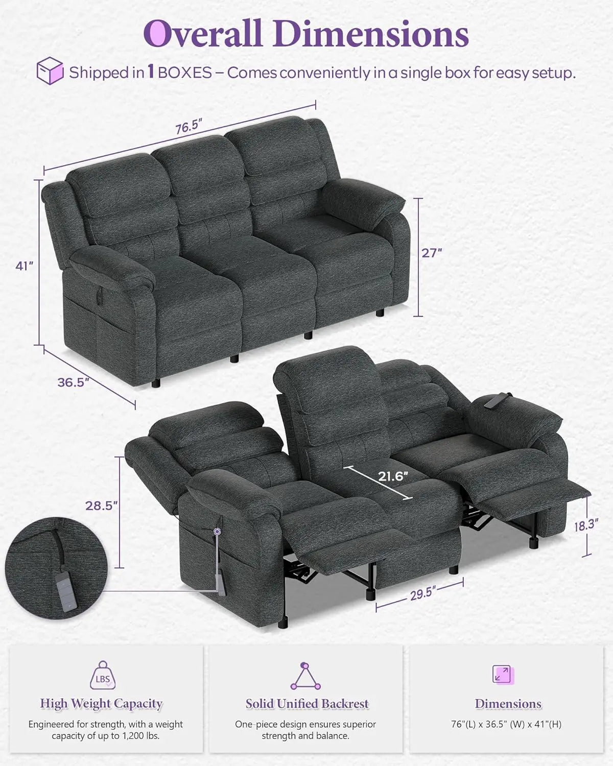 Power Reclining 3 Seater Electric Sofa Dual Motors Remote Chenille Side Pockets Living Room Game Room 76.5in, Custom