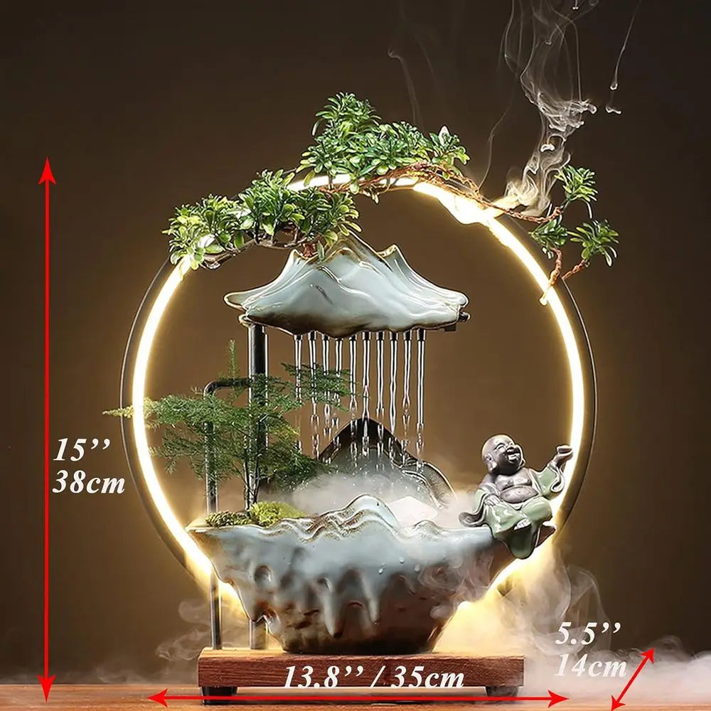 Buddha Water Fountain Indoor Waterfall with LED Light Zen Decor for Meditation, Mist, Japanese Style with Fake Plants, Feng Shui