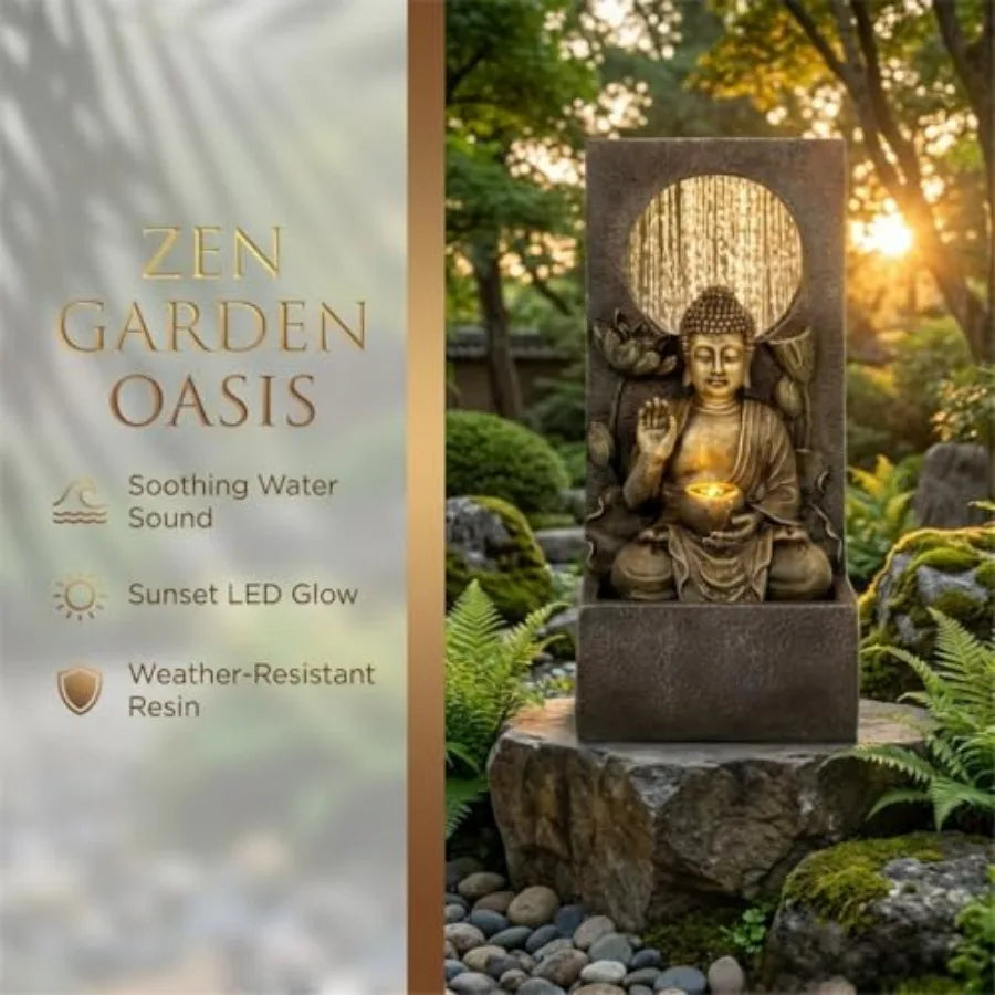 Buddha Waterfall Fountain Outdoor Freestanding Relaxing Water Fountain Asian Zen Fengshui Patio Garden Backyard Decking Home De