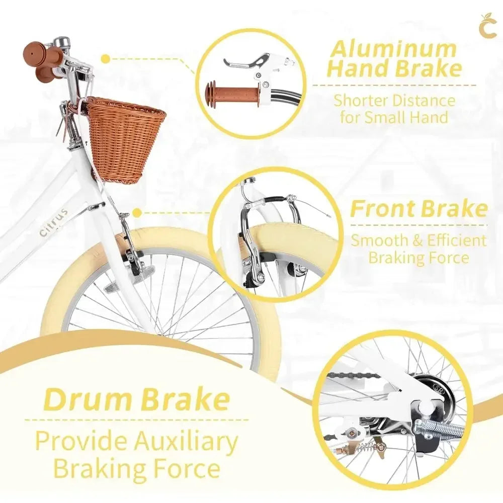 Children's 12-20 Inch Vintage Style Bikes with Training Wheels, Basket, and Bell for Ages 2-12