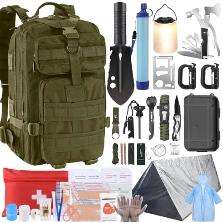 Survival Kit, Survival Gear and Equipment 258 PCS with Water Filter, Emergency Tent, LED Lantern, First Aid Kit Supplies, 25L B