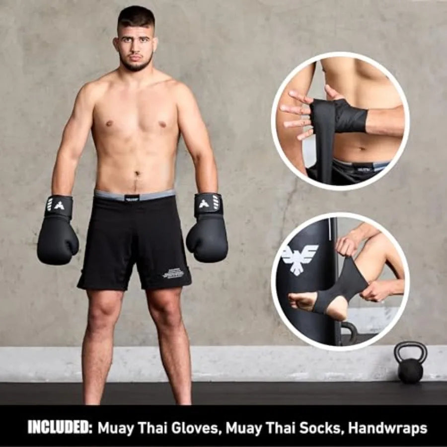 Muay Thai training: 6 ft tall heavy bag set for kickboxing and MMA unfilled 100 lbs canvas bag with black gloves and white hand