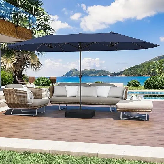 15FT Large Patio Umbrella with Base Included, Outdoor Deck Standing Umbrella with Crank Handle, Double-Side Rectangular Pool Umb