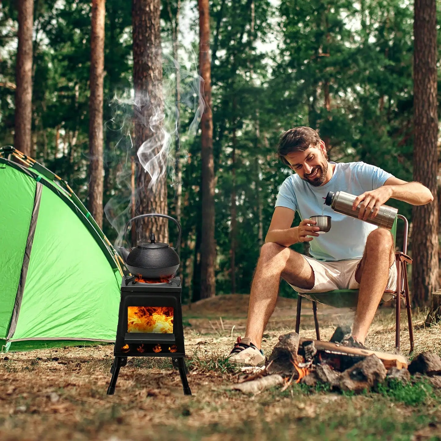 Portable 27x27x34cm wood burning camping stove, suitable for outdoor cooking, heating, suitable for winter
