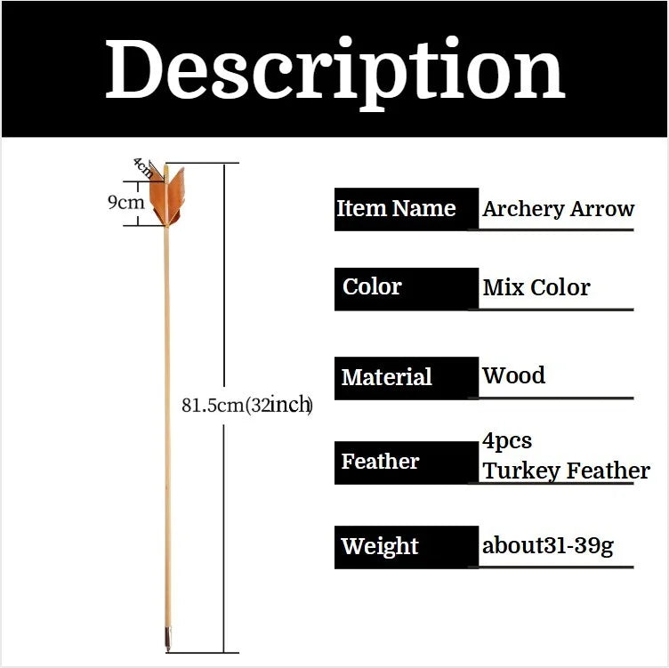 Wood Arrows 7pcs 32" (80cm) 8.5mm OD Handmade with Turkey Feathers for Recurve Traditional Bow Archery Shooting Target Hunting Outdoor Sports Accessories