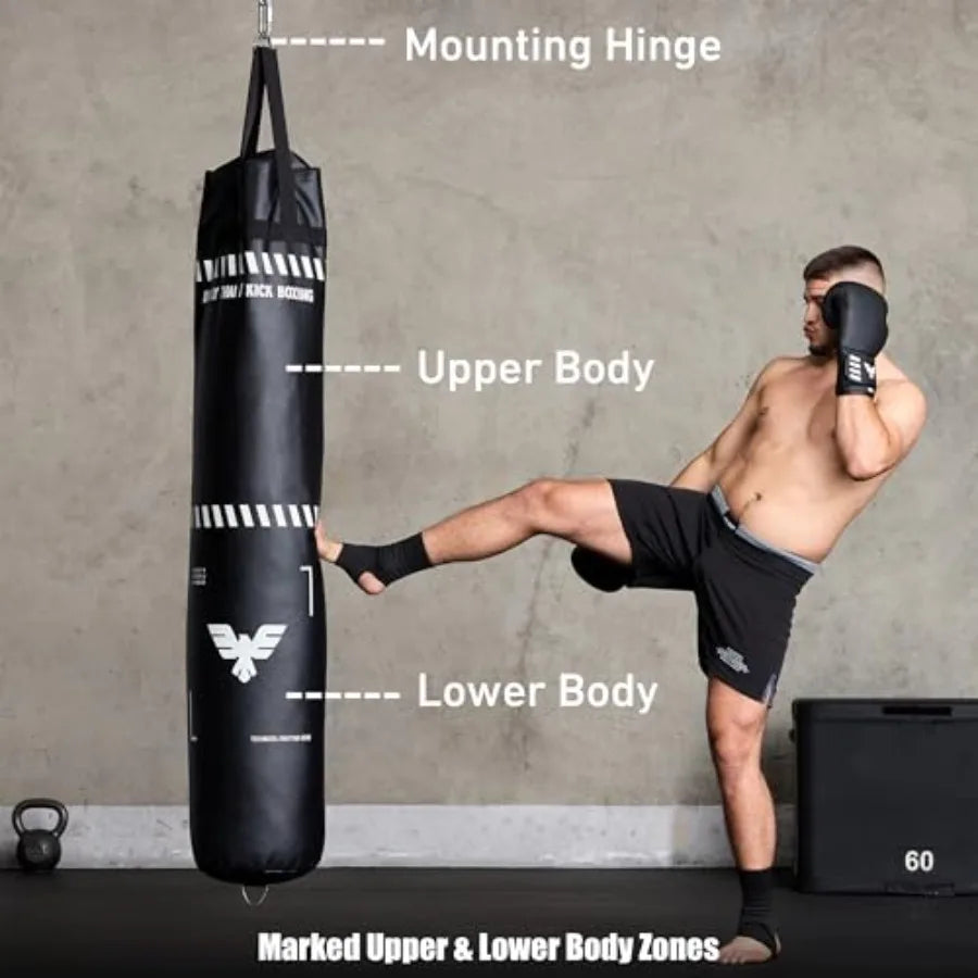 Muay Thai training: 6 ft tall heavy bag set for kickboxing and MMA unfilled 100 lbs canvas bag with black gloves and white hand