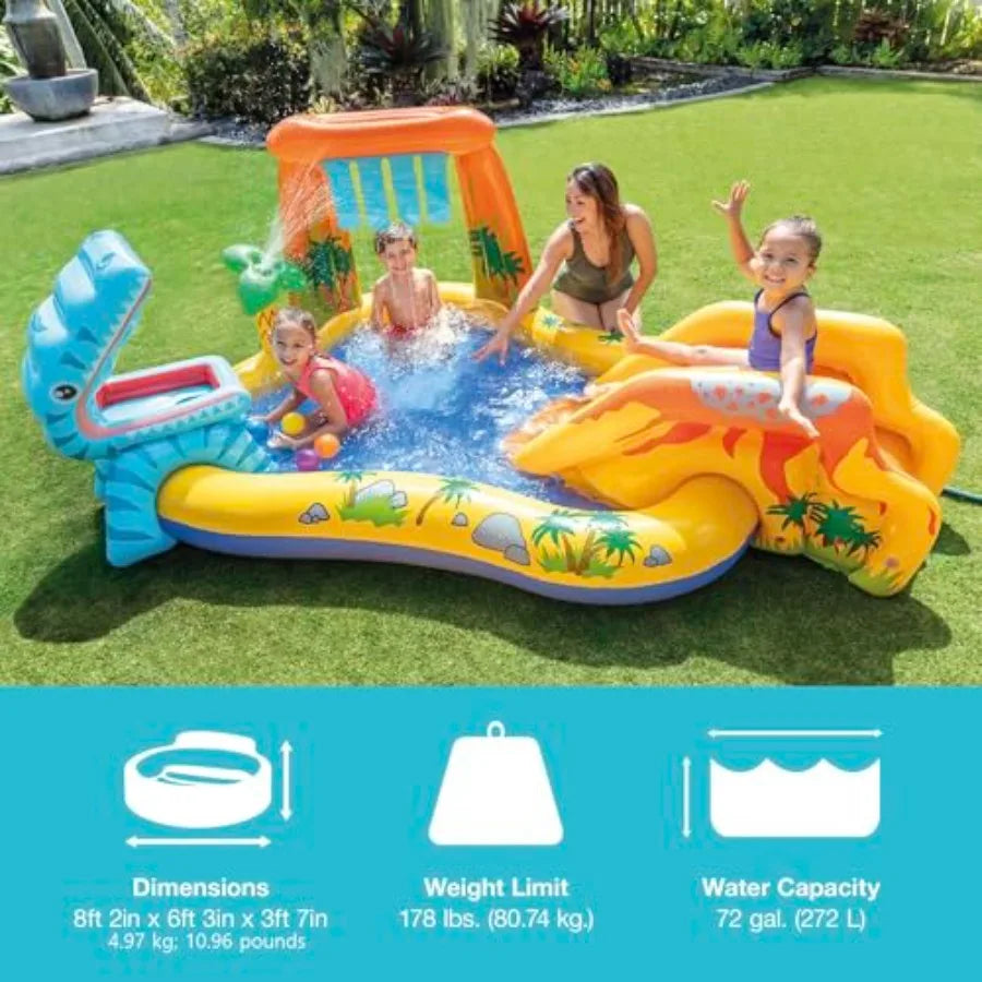 Inflatable Dinosaur Play Center Outdoor Playhouse Inflatable Water Park with Kid Pool Slide Water Sprayer Waterfall and 6 Balls
