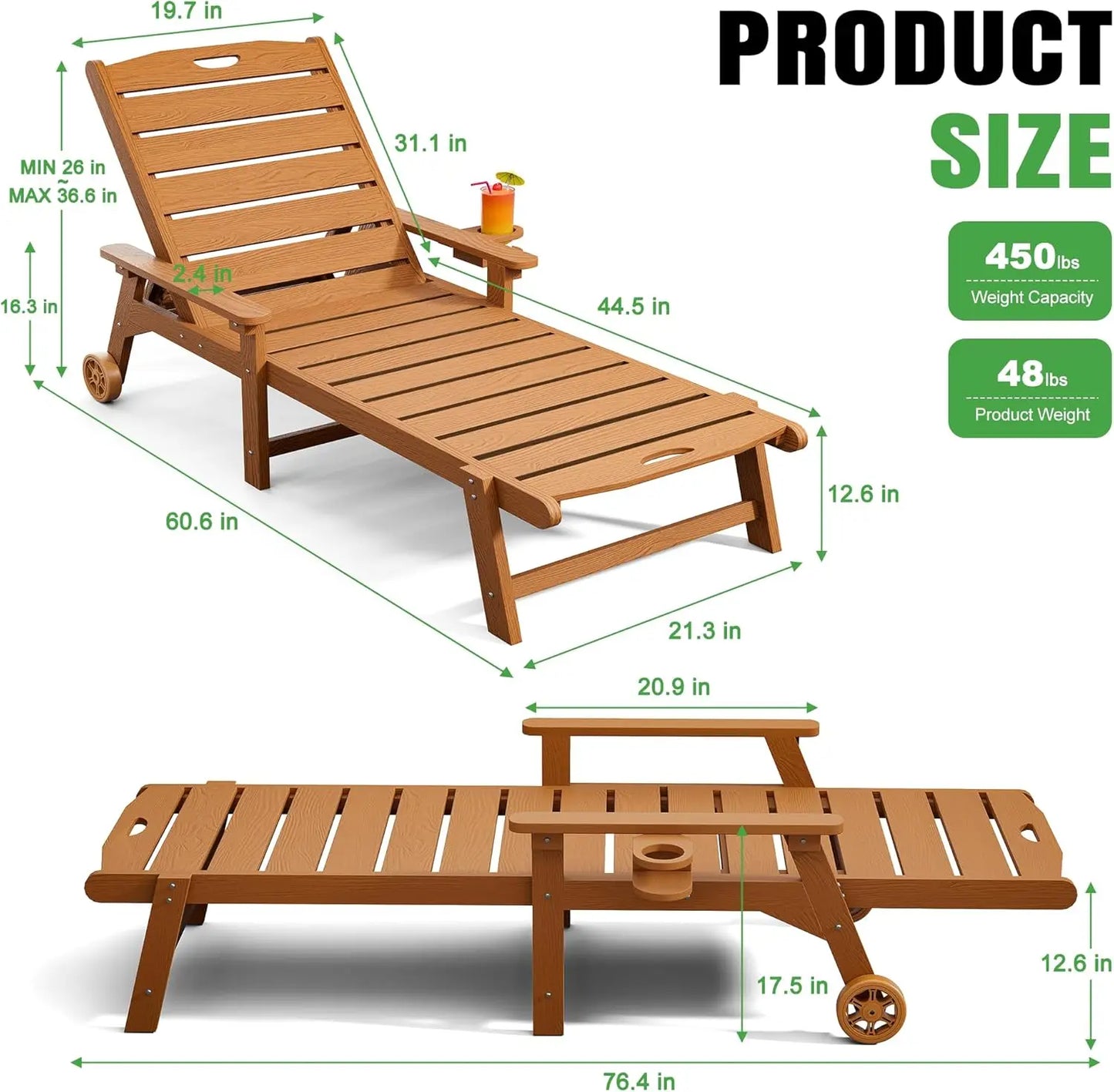 Outdoor Lounge Chair Set of 2 with 5-Position Adjustable, Outside Lounge Chair with Cup Holder, Wheels for Easy Mobility, HDPE T