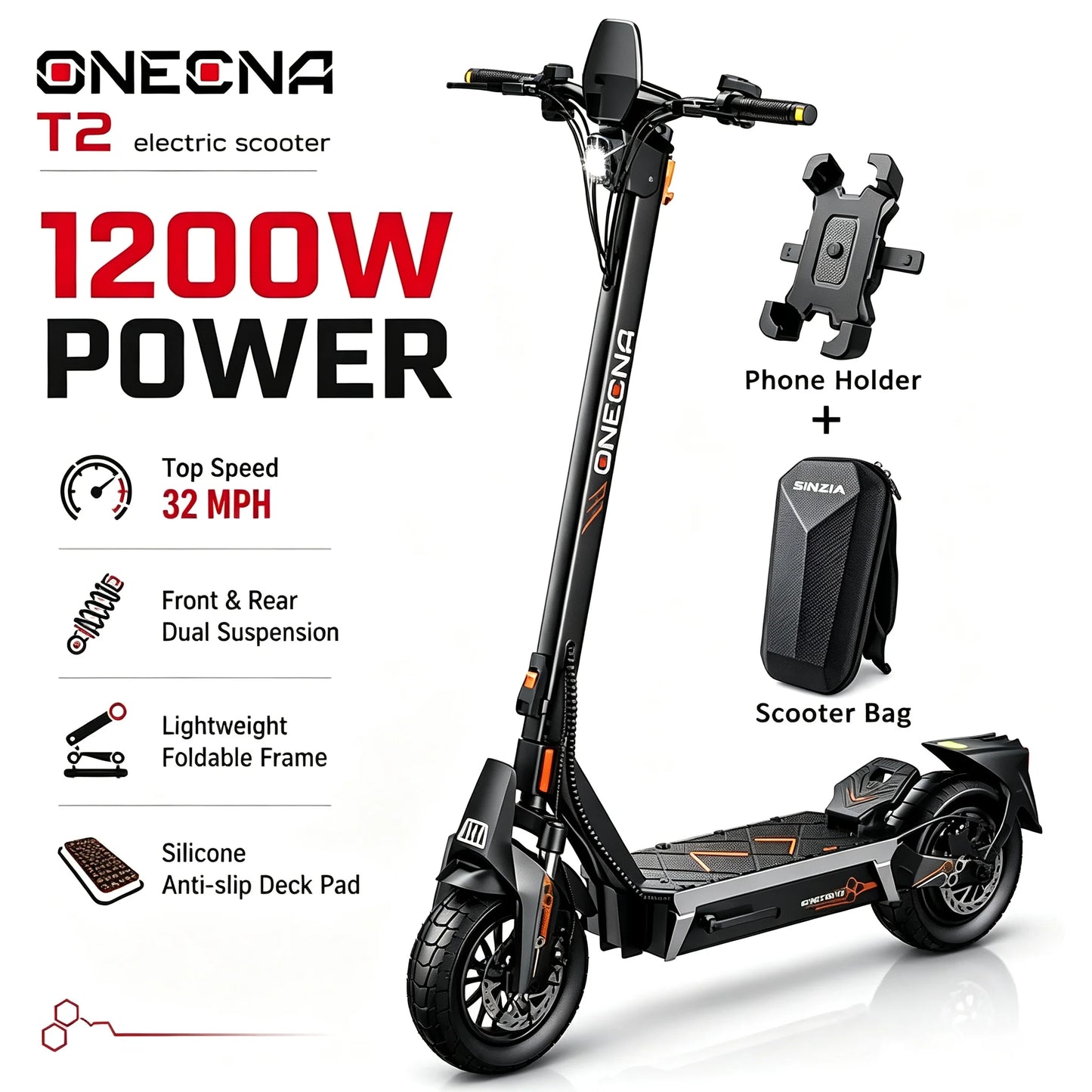 ONECNA NEW A2 3000W Foldable Adult Dual Motor Electric Scooter - Top Speed 35 Miles, Range 45 Miles, Foldable Off Road/Commuter Electric Scooter with 10 Inch Road Tires, Dual Shock Absorber
