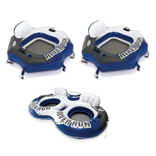 River Run Connect 1 Person Inflatable Water Raft 2 Pack Bundled with River Run II 2 Person Inflatable Floating Lounge with Cool
