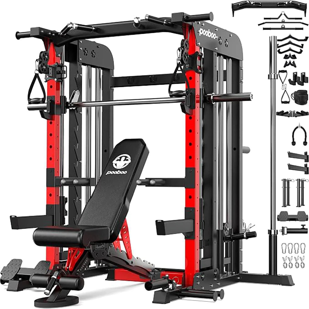 Pooboo Power Cage Smith Machine with 2000LB Squat Rack Cable System | LAT Pulldown and Dual Pulley Cable Crossover with All-in-One Home Gym Machine, Adjustable Stations and Training Attachments with Workout Bench