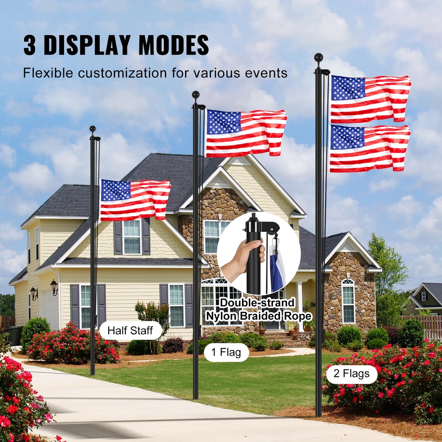SucceBuy Sectional Flag pole Kit HeavyDuty AluminumAlloy in Ground 3 Display Modes Flagpole With American Flag Accessories
