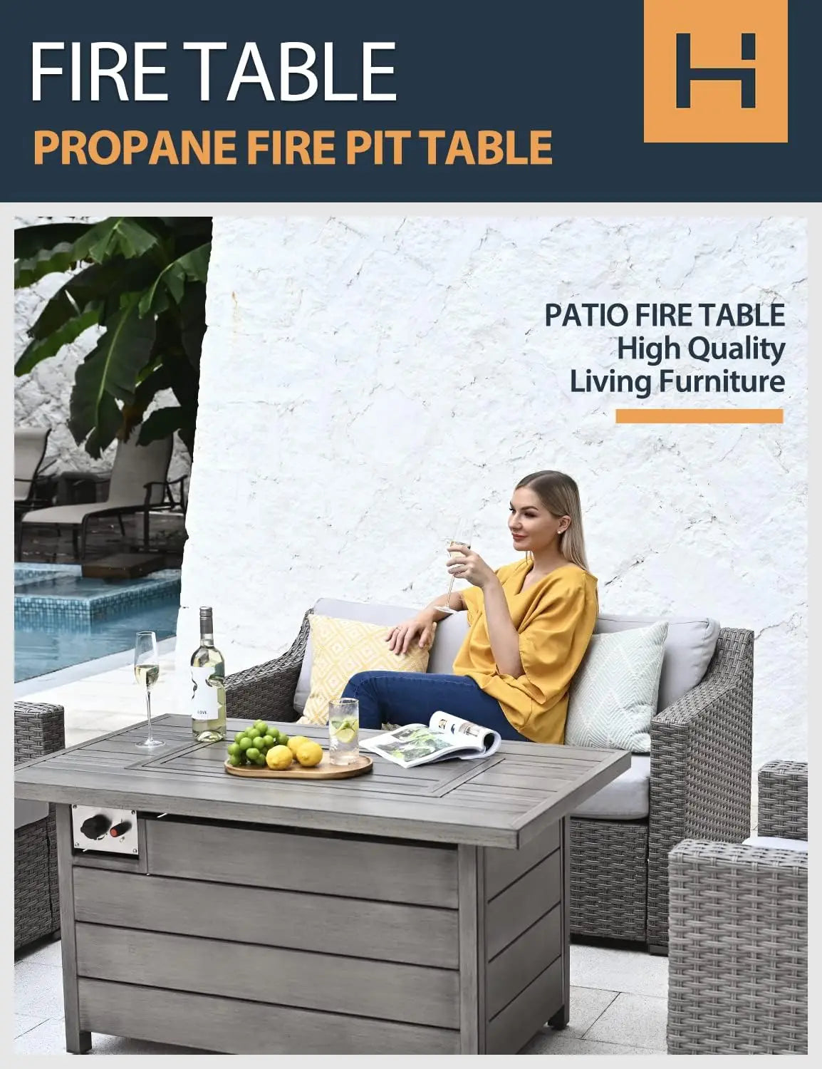 48inch 50000 BTU Gas Fire Pit with Aluminum Slats Table Top, Lid, Black Glass Rock, Aluminum Fire Table,CSA Safety Certified