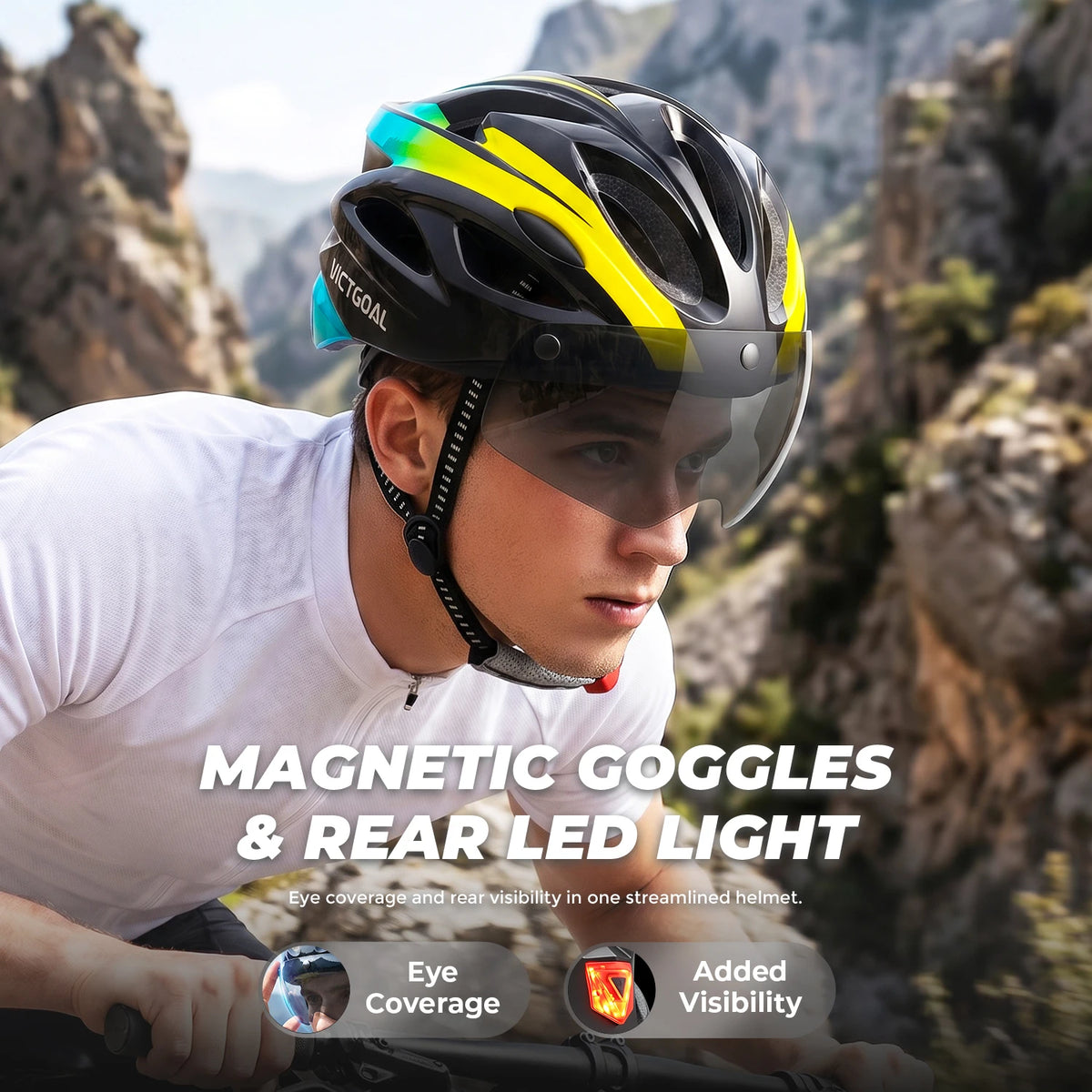 VICTGOAL Bike Helmet with Light and Goggles for Adults Lightweight MTB Road Bicycle Helmets for Men Women Cycling Ebike Scooter