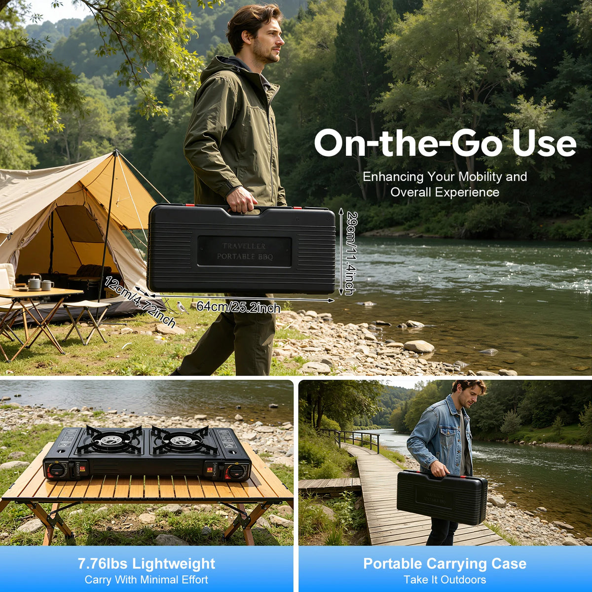 Portable Camping Stove, Outdoor Gas Cooker, Camp Cooking Range, Black 2‑Burner with Carry‑Case for Camping Picnic Backyard Party