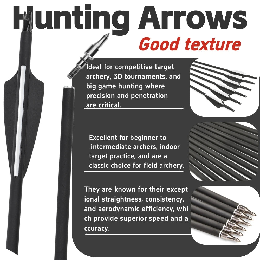 12pcs Archery Carbon Arrow SP500 Mixed Carbon 3 Inch Rubber Feather 100Grain Target Point for Compound Bow Shooting Hunting Acc
