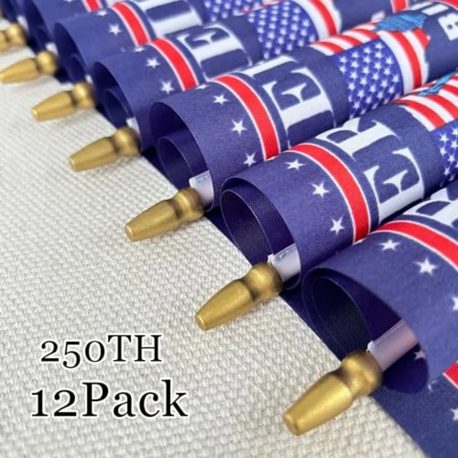 12 Pack 250th Anniversary USA Flag 250 Years of Birthday Small American Handheld Flags on Stick, 4th of July Outside Decoration